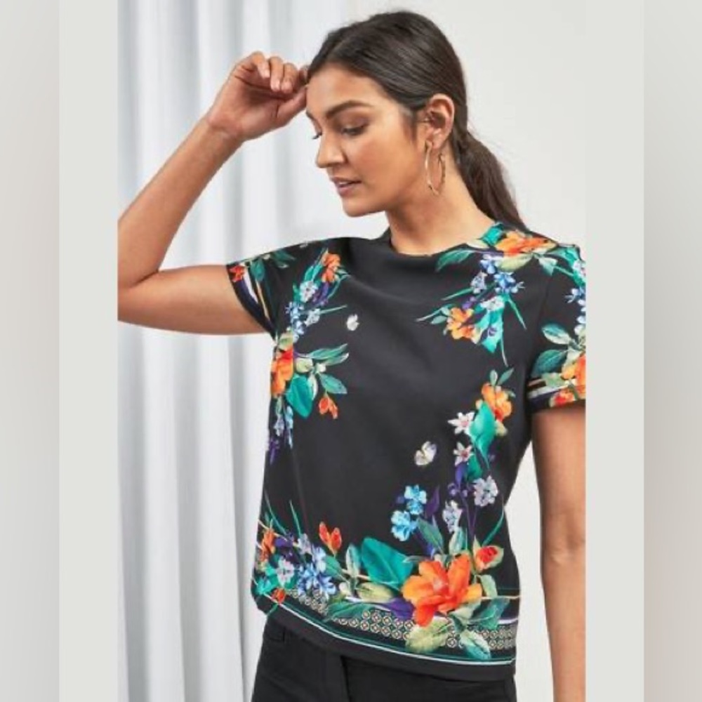 Next Women's Black Floral Border Print Short Sleeve Tops